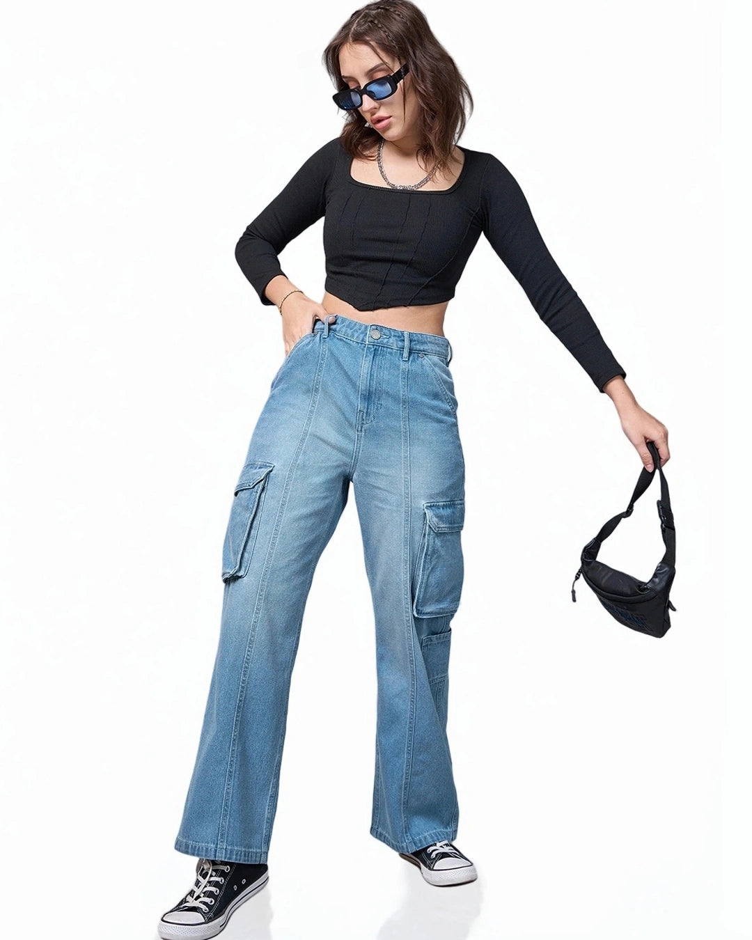 Women’s Washed Blue Cargo Jeans with Streetwear Style