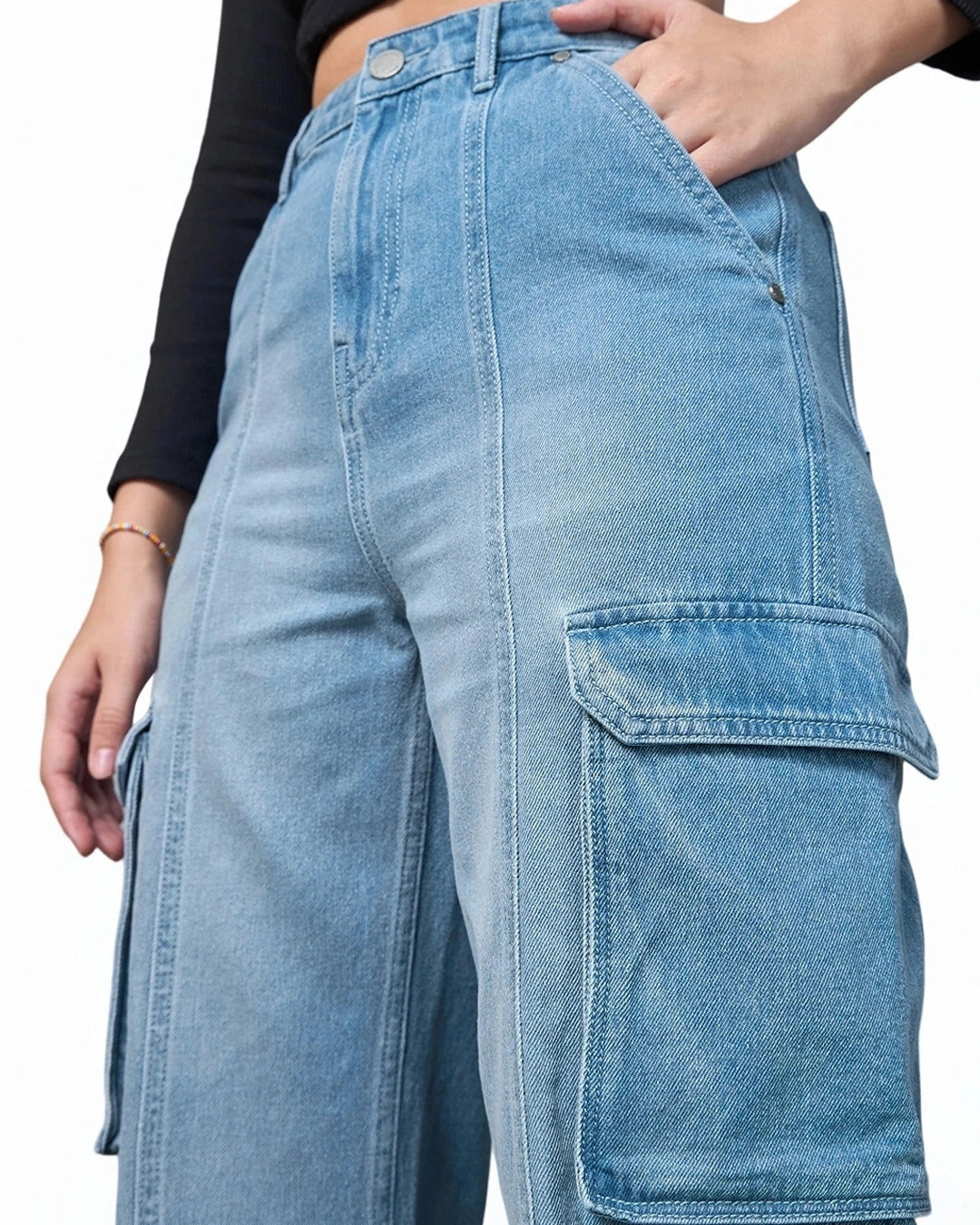 Women’s Washed Blue Cargo Jeans with Streetwear Style