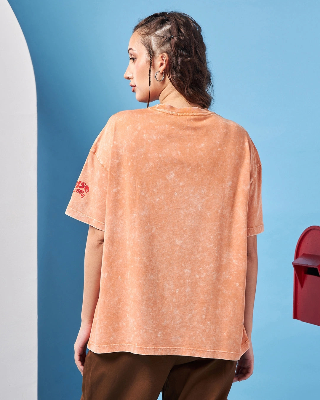 Comfortable Women’s Orange Graphic Oversized T Shirt Acid Wash Fun Print