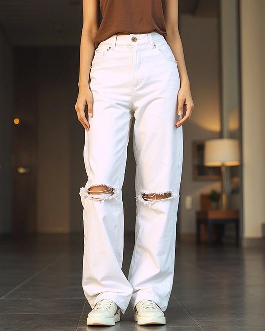 Loose Fit White Baggy Distressed Wide Leg Jeans for Women