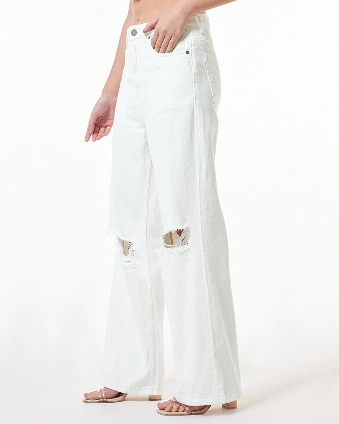 Loose Fit White Baggy Distressed Wide Leg Jeans for Women