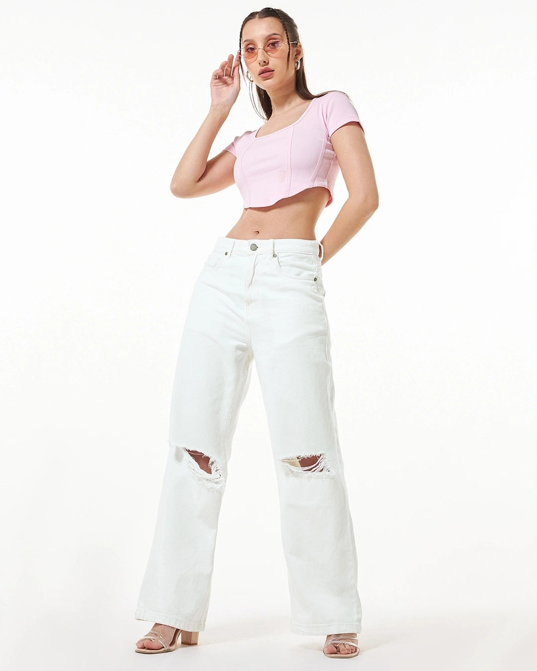 Loose Fit White Baggy Distressed Wide Leg Jeans for Women