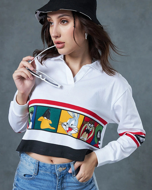 Trendy White Looney Tunes Graphic Polo Short Top for Women Casual Wear