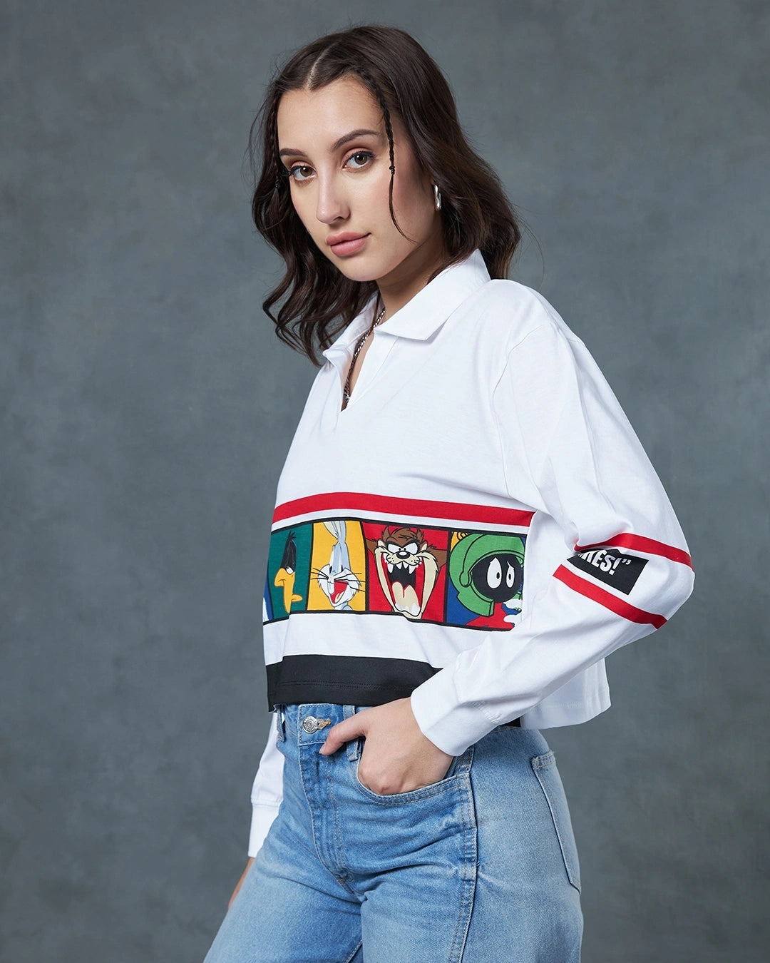 Trendy White Looney Tunes Graphic Polo Short Top for Women Casual Wear