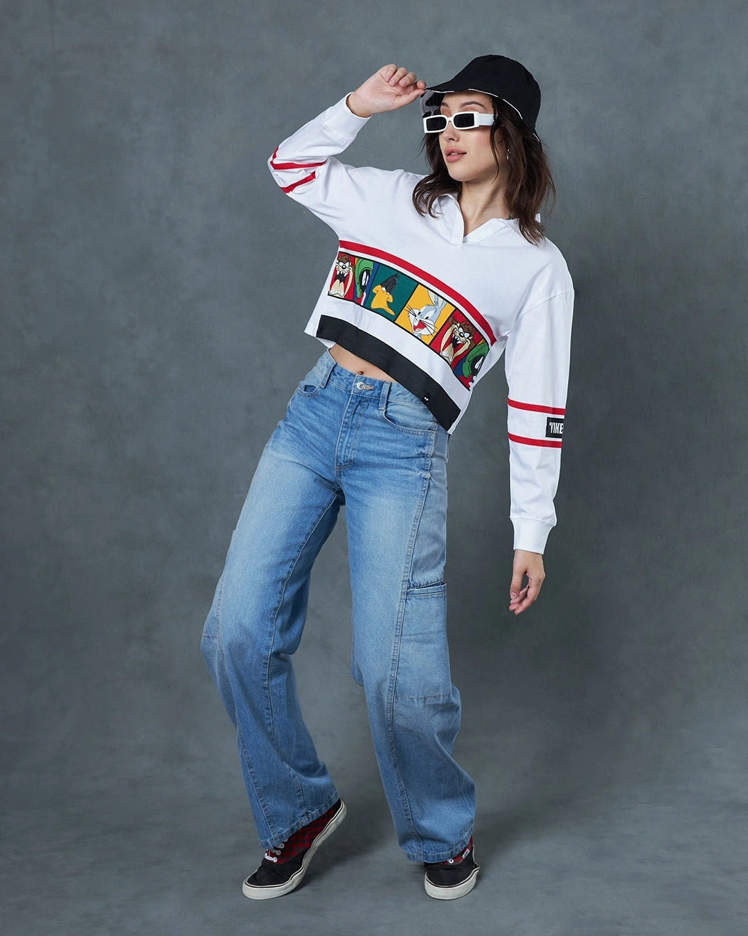 Trendy White Looney Tunes Graphic Polo Short Top for Women Casual Wear